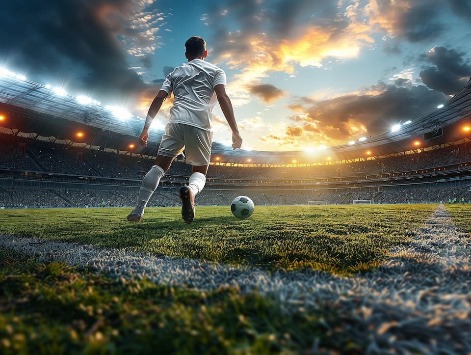 Footballer entering a stadium pitch under floodlights at sunset