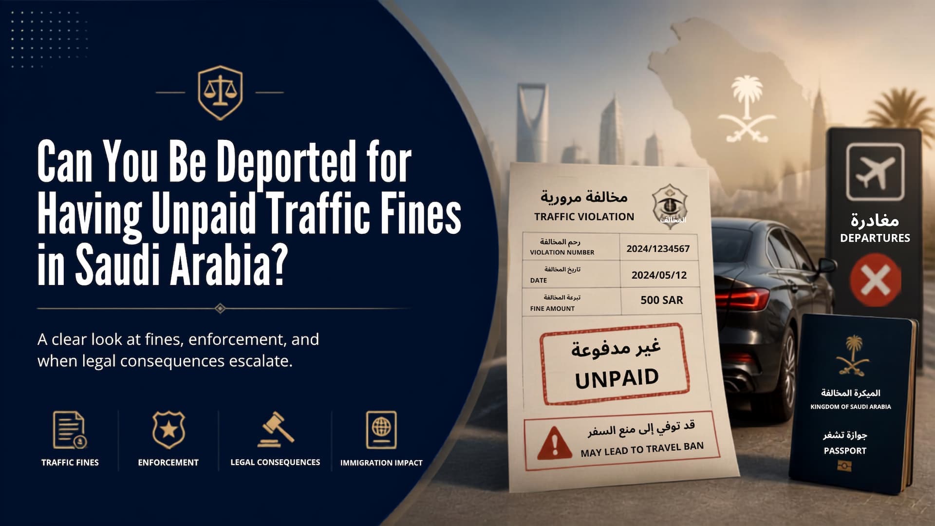 Traffic fine notice beside a deportation warning in Saudi Arabia