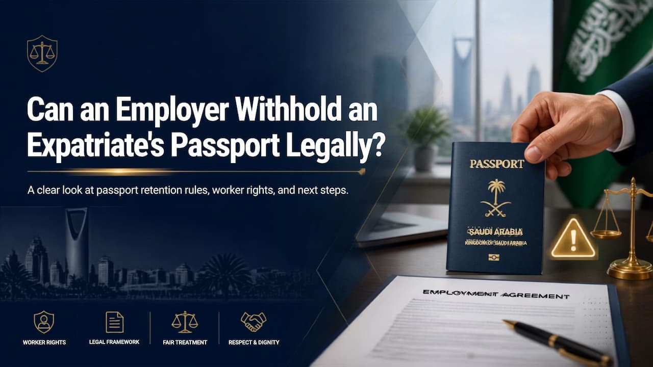 Illustration of an employer withholding an expatriate worker's passport in a locked drawer in Saudi Arabia