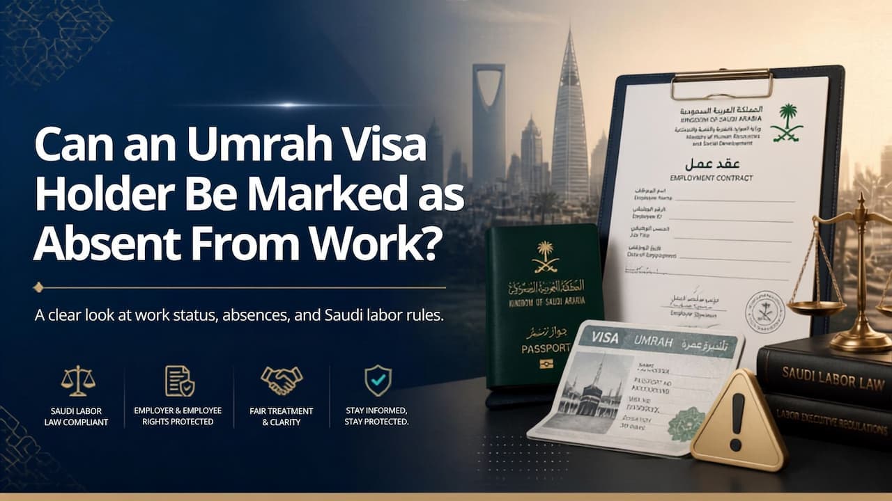 Illustration of an Umrah visa document beside a crossed-out huroob absconding report icon in Saudi Arabia