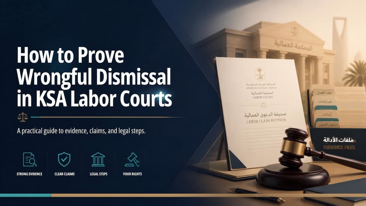 Illustration of an employee presenting documents to a Saudi labor court to prove wrongful dismissal