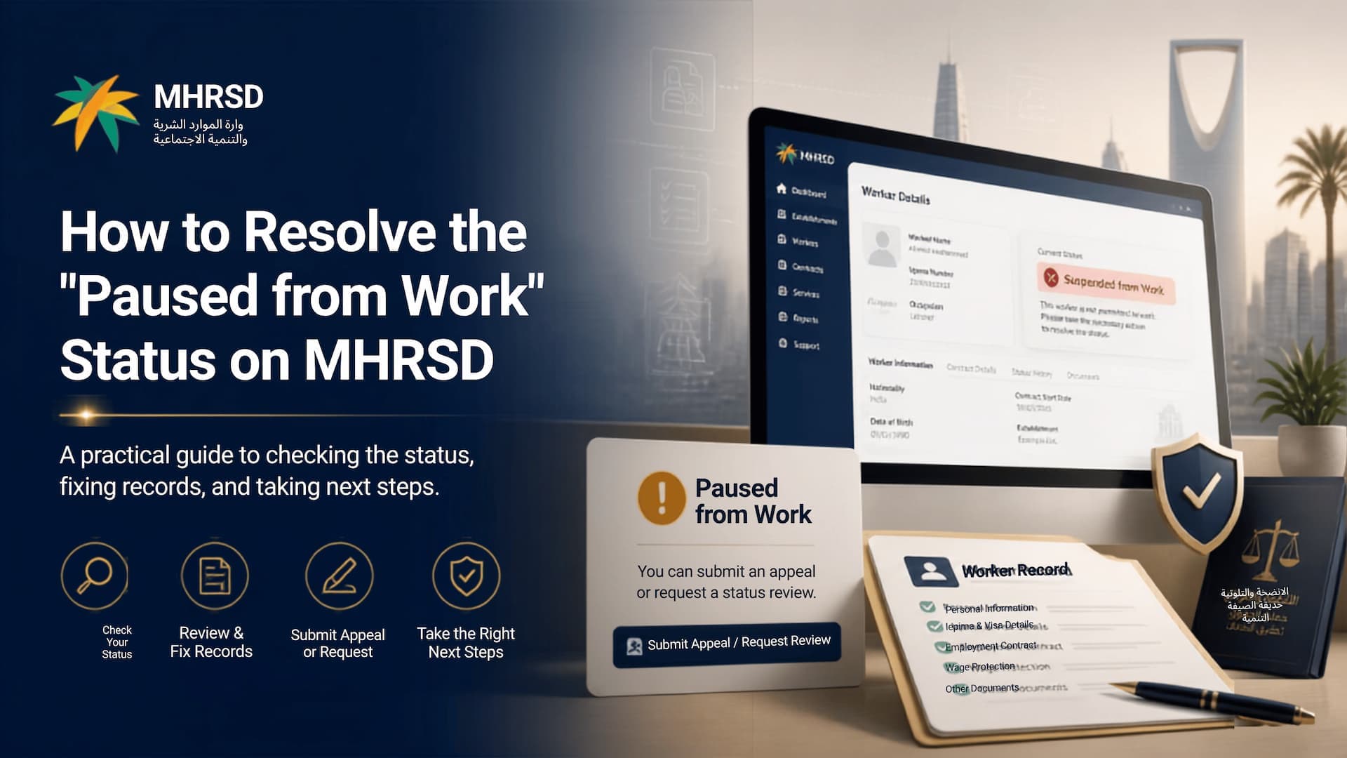 MHRSD portal showing a worker's suspended employment status in Saudi Arabia