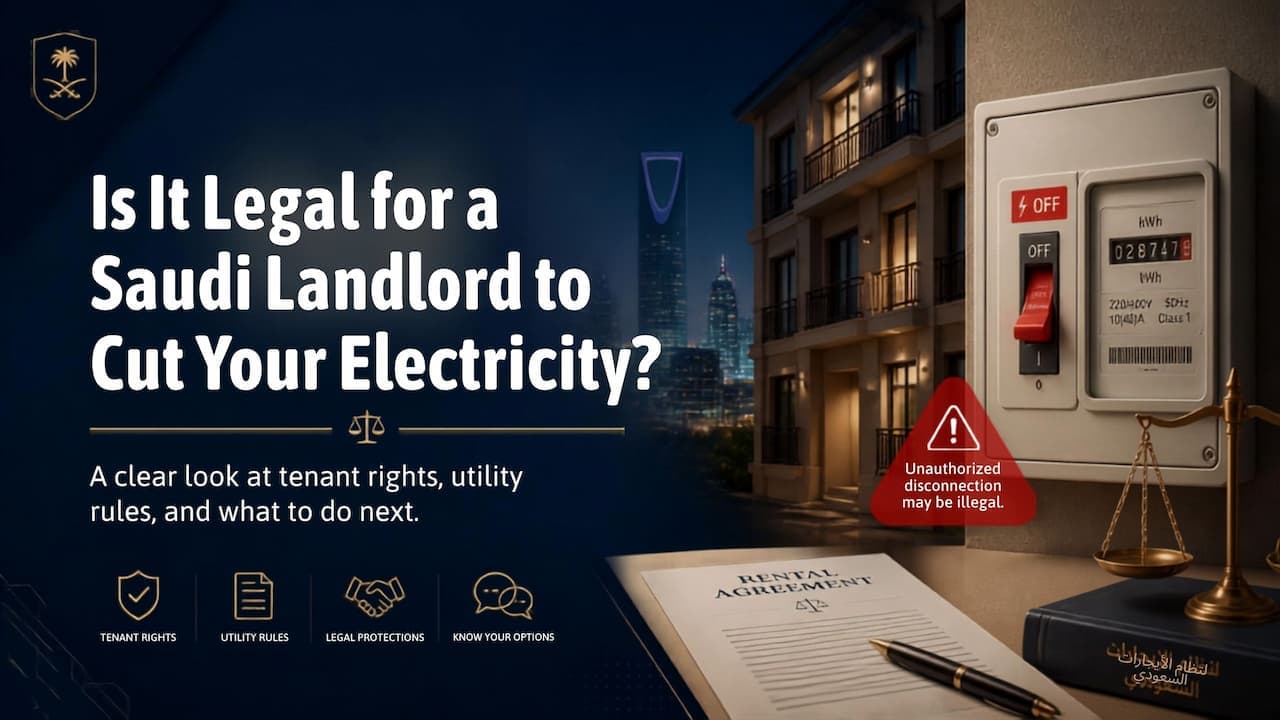 Illustration of an electricity meter being disconnected by a landlord in a Saudi Arabia rental dispute