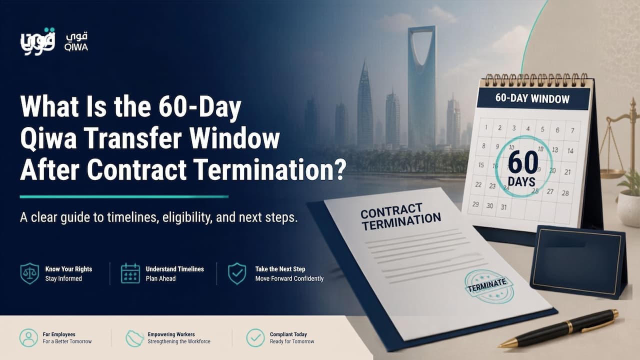 Illustration of a 60-day countdown clock beside a Qiwa sponsorship transfer icon in Saudi Arabia
