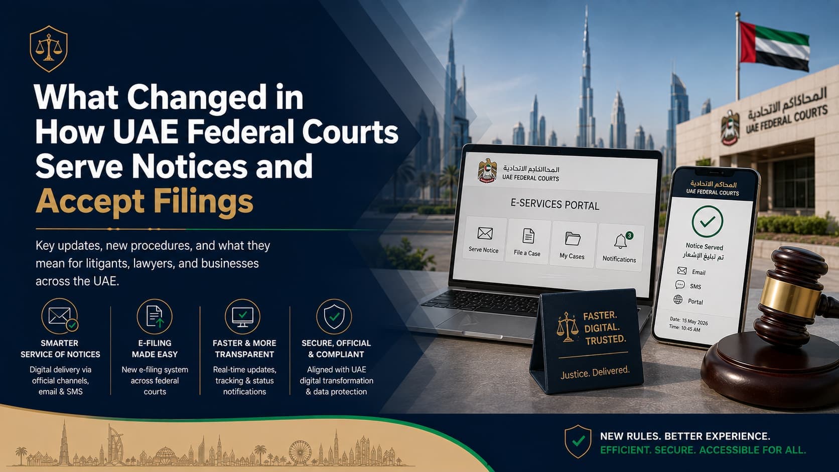 UAE Ministry of Justice e-filing portal on a laptop screen in a Dubai law office