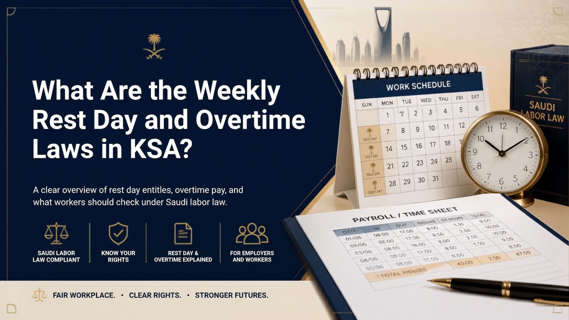 Employee reviewing weekly rest day and overtime pay rules under Saudi labor law