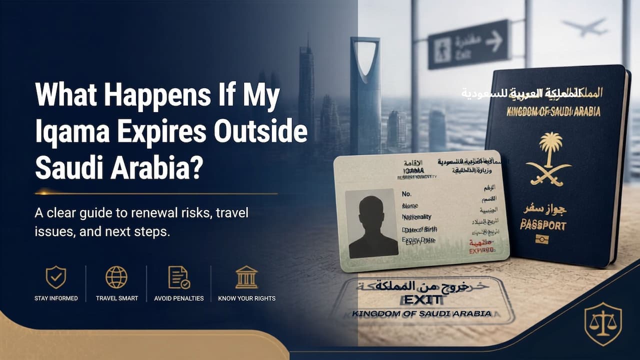 Illustration of a Saudi Iqama and passport with an expired stamp beside an airport re-entry gate