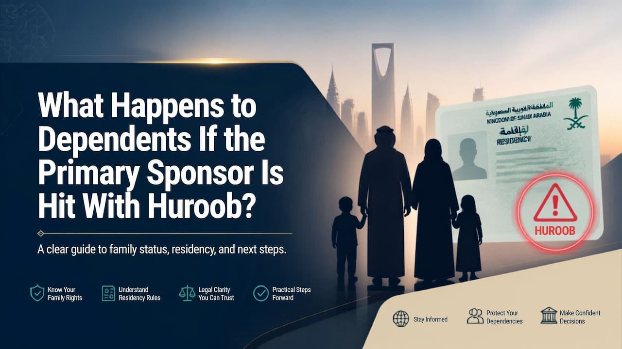 Saudi family's residency documents linked to a sponsor's Iqama status, representing dependents affected by a huroob report