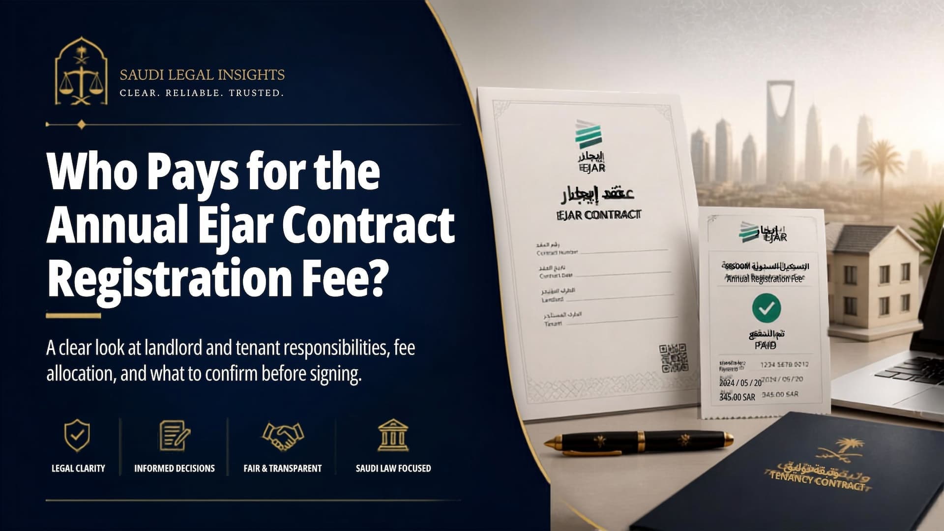 Landlord and tenant discussing who pays the annual Ejar contract registration fee in Saudi Arabia