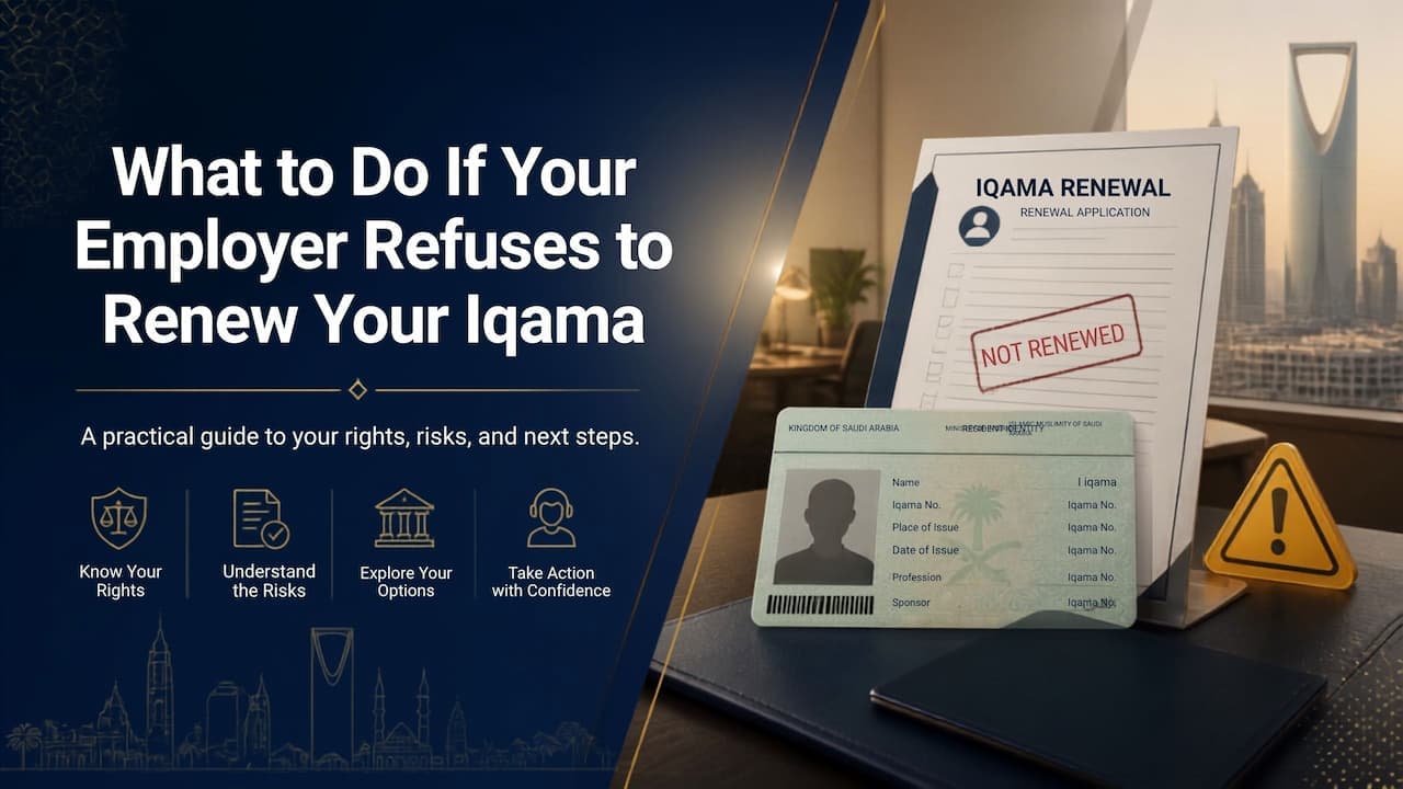 Illustration of an expired Iqama document with an employer refusing renewal, Saudi Arabia