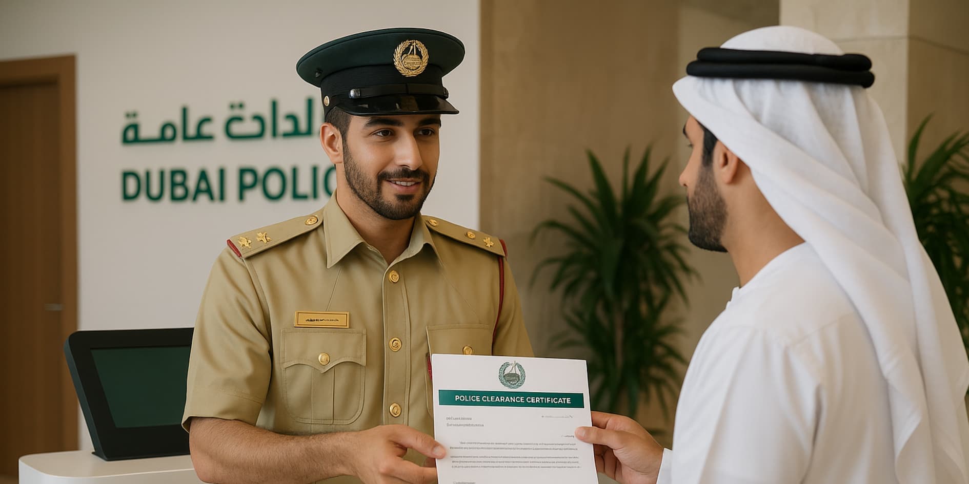 Official UAE Police Clearance Certificate document with Ministry of Interior seal on a desk alongside passport and Emirates ID card