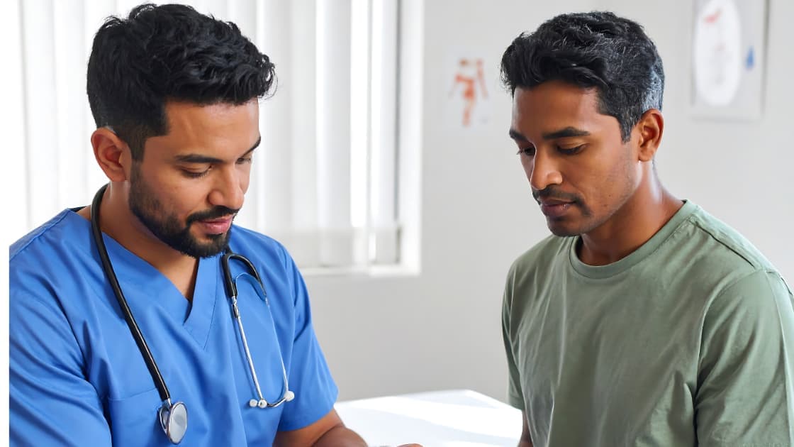 Medical professional reviewing chest X-ray and laboratory test results at a DHA-approved medical fitness center in Dubai