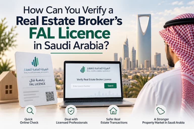 Illustration of a Saudi Arabia real estate broker FAL licence being verified through REGA's online portal