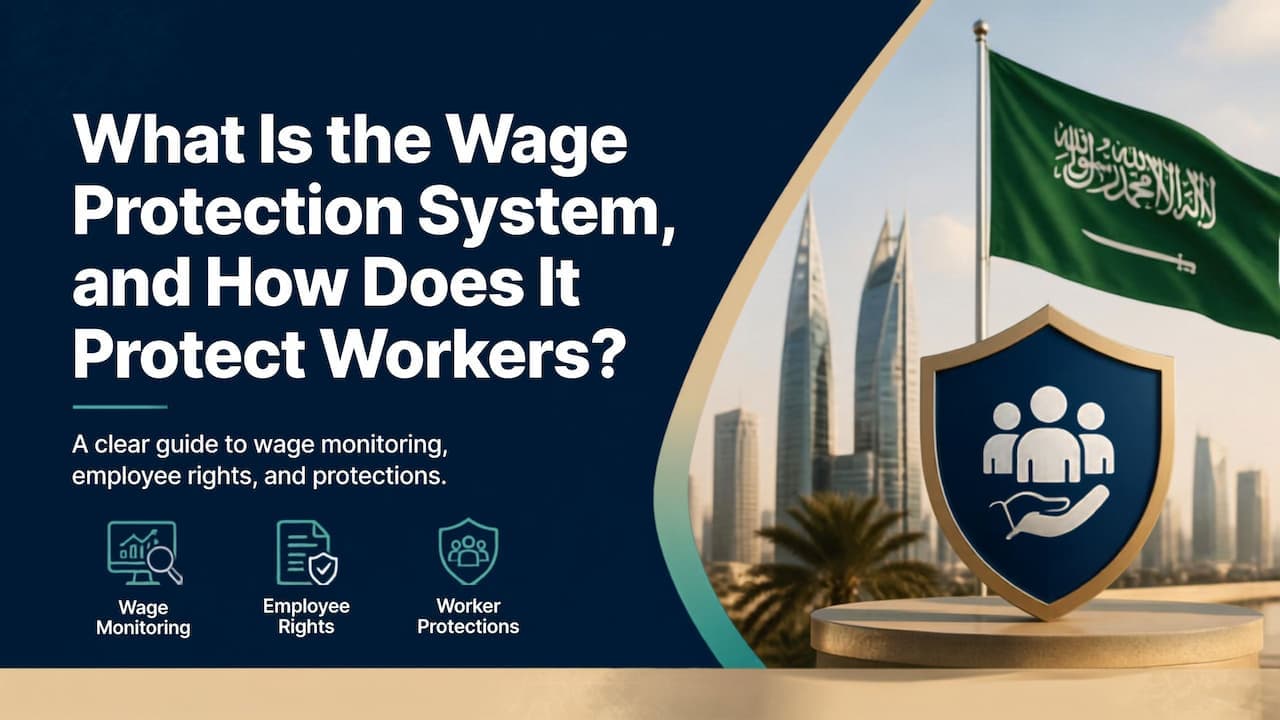 Illustration of Saudi Arabia's Wage Protection System tracking electronic salary payments through a bank network